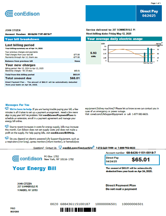 USA Conedison utility bill template in Word and PDF formats, version 2
